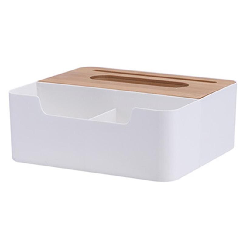 Multi-functional Plastic Tissue Box with Bamboo Wooden Cover Phone Slot Home Kitchen Napkin Case Holder Storage Decoration