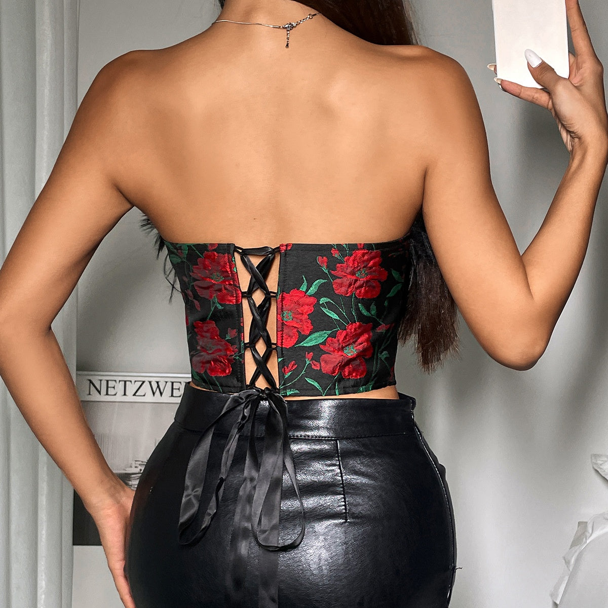 Vintage rose patchwork feather fishbone corset with heart mechanism and strap top