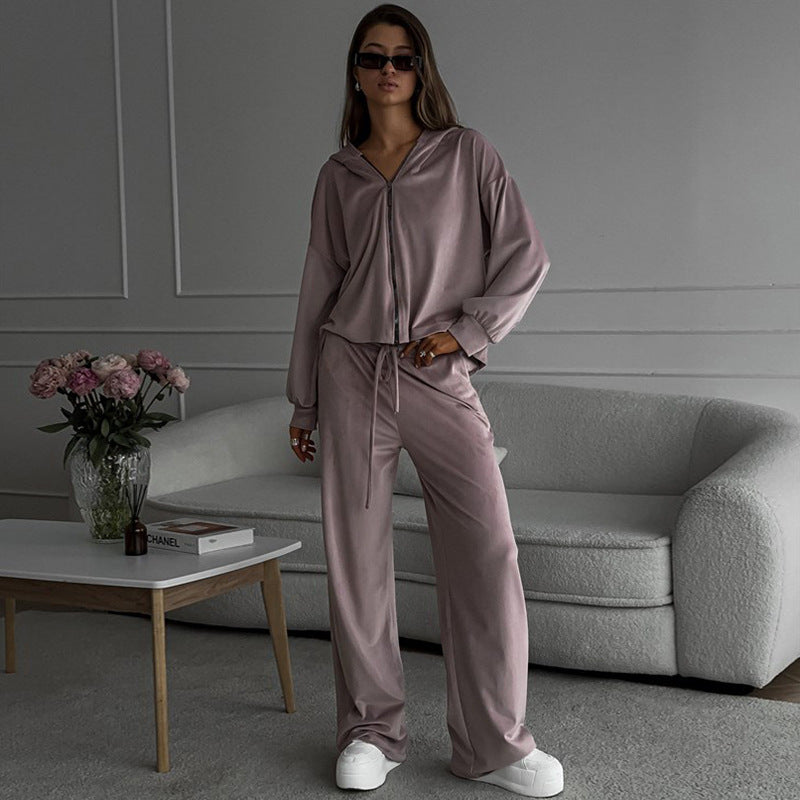 Solid color long sleeved cardigan cap top sports pants two-piece set