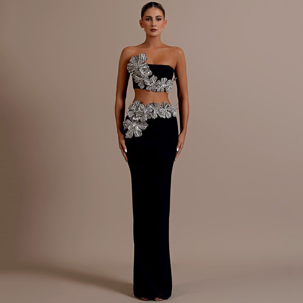 Sexy Strapless Flower Diamonds Crystal Crop Top & Long Skirt Set Women Bandage Two-Piece Set Vestido Elegant Evening Party Gowns
