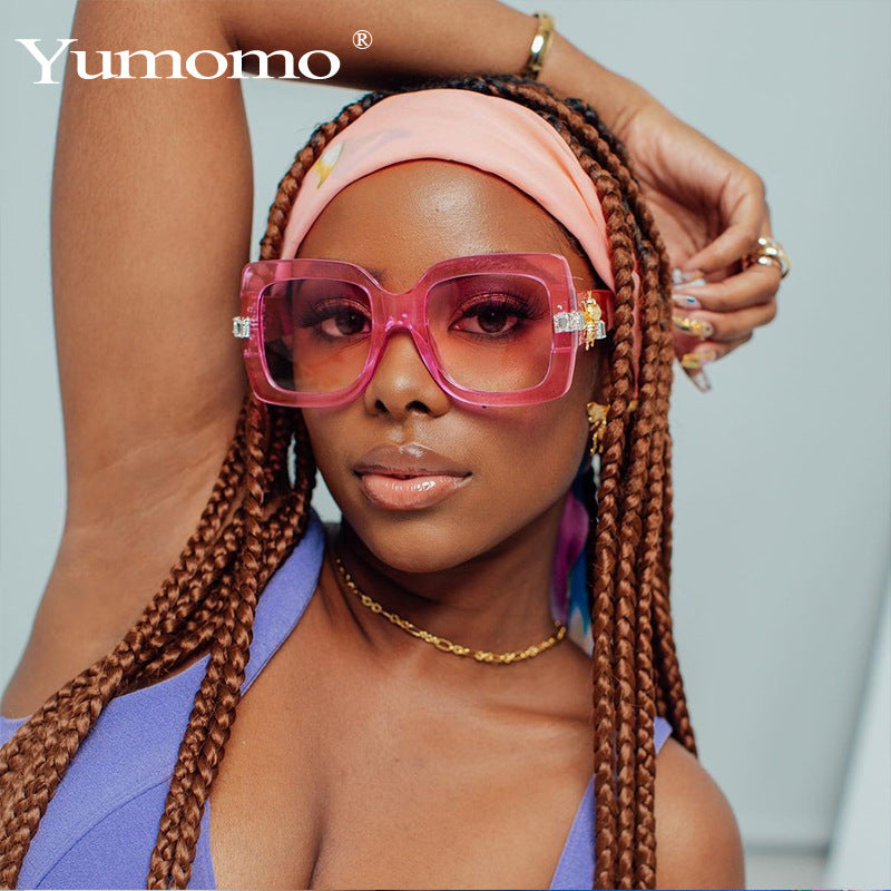 Fashion Trend Big Frame Square Handmade Diamond Bee Sunglasses Retro Three-Color Catwalk Sunglasses