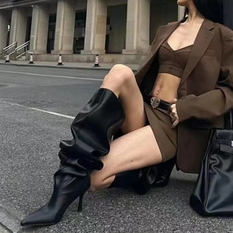 Foreign Trade Pointed Thin Heel Wide Sleeve Boots Large Sleeve Pleated Boots Push Boots Long Sleeve Large Size Women's Boots