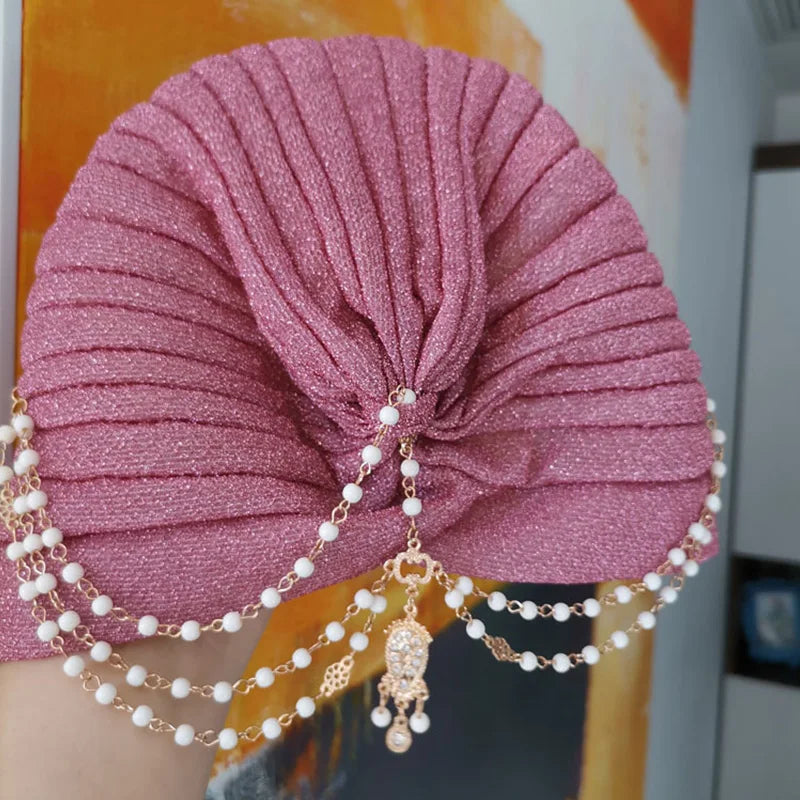 Fashion Exotic Muslim Turban Women Boho Pearl Chain Head Scarf Bonnet Hijab Cap Solid/Leopard Arab Dance Party Wrap Turbantes