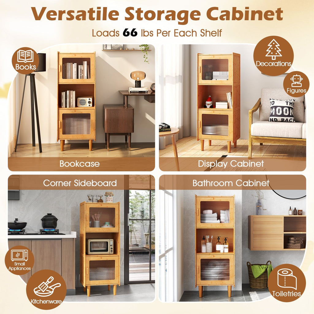 3-Cube Bamboo Storage Cabinet with Open Compartment and 2 Acrylic Doors-Natural