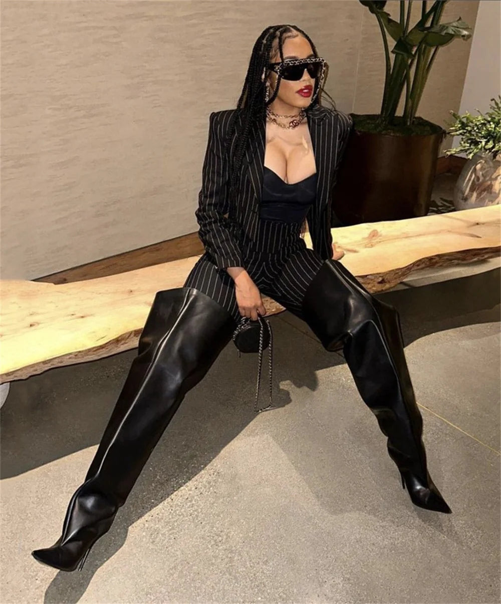 New Brand Europe America Pointed Sleeve Thigh Boots Fashion Big Tube Thin High Heels Ladies Knee Length Women's Boots Black