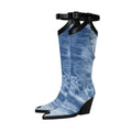 Women's New Fashion Pointed Thick High Heel Chain Buckle Sleeve Knee Length Boots European and American Banquet Shoes