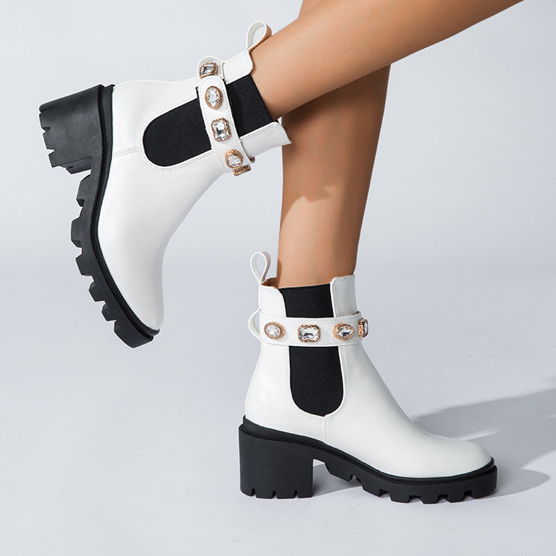 Autumn New Fashion Rhinestone Round Head Martin Boots Female Mid-Thigh Elastic Thin Boots