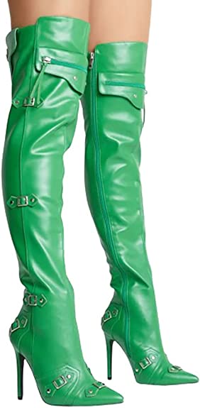 Solid Sexy Pointy Knee Length Belt Buckle Thin Heel Stage Boots Fashion High Top Boots