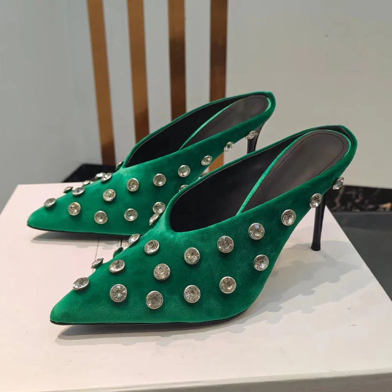 Suede Half Head Slipper High-Heel Wedding Genuine Leather Summer Stiletto Heel Women Shoes