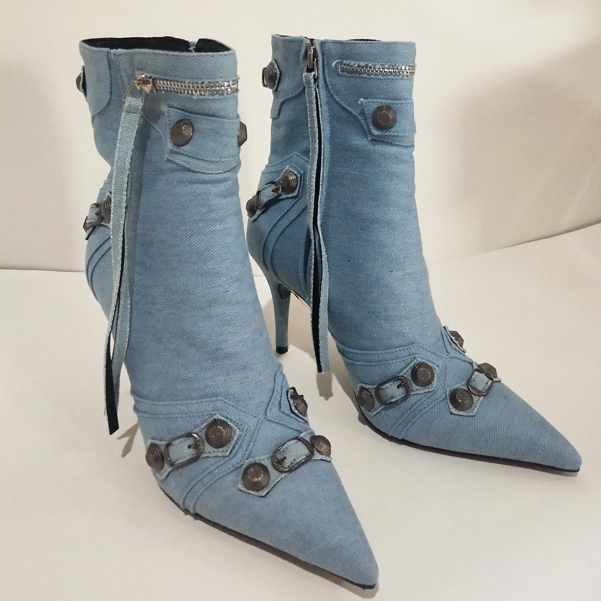 Metal Rivet Blue Denim Short Boots Silver Microfiber Leather Side Zipper Pin Buckle