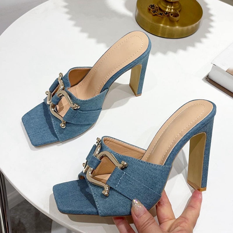 Summer New High-Heeled Women's Shoes Square Head Square Flat With Metal Buckle Thick Sandals