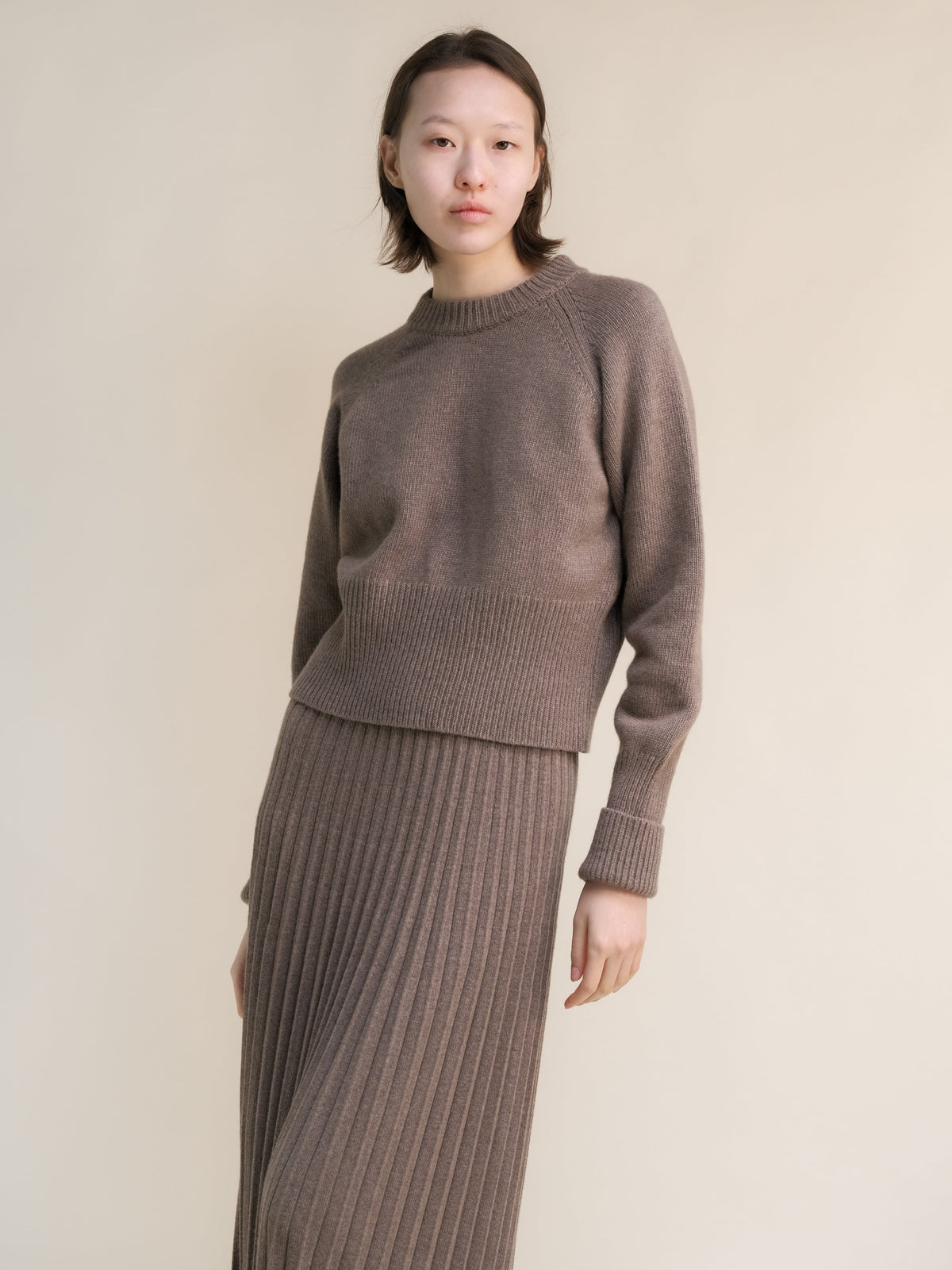Cashmere Mix Roll-Up Cuff Crewneck