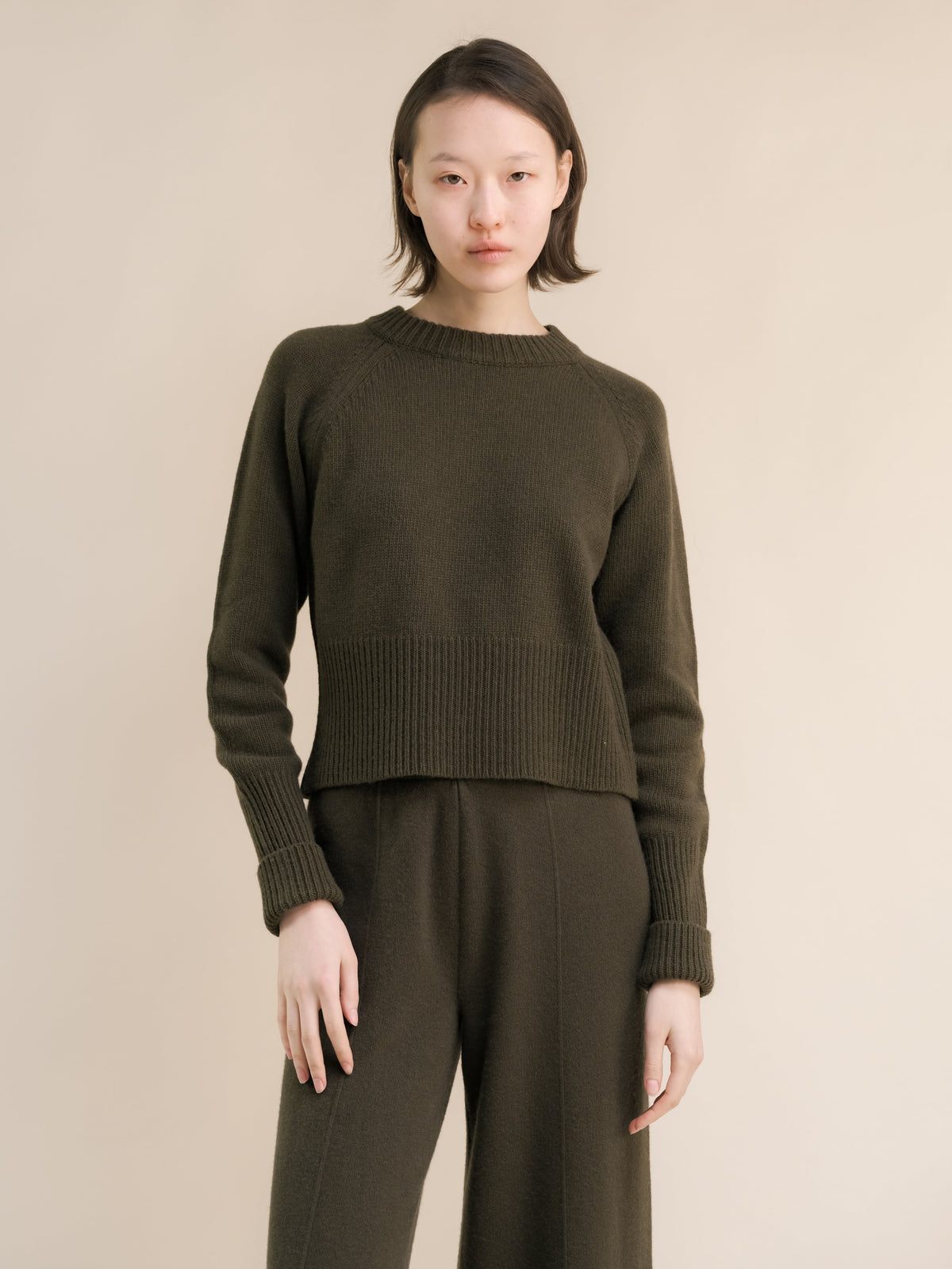 Cashmere Mix Roll-Up Cuff Crewneck