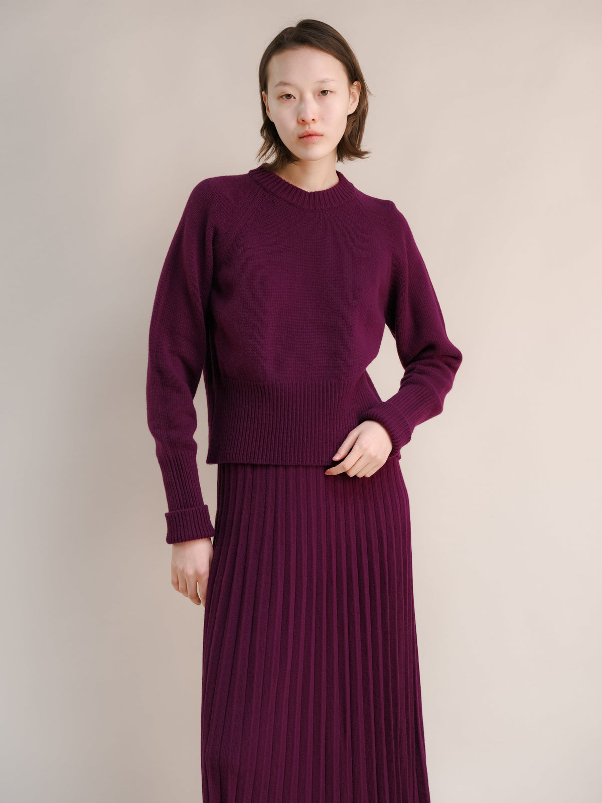 Cashmere Mix Roll-Up Cuff Crewneck