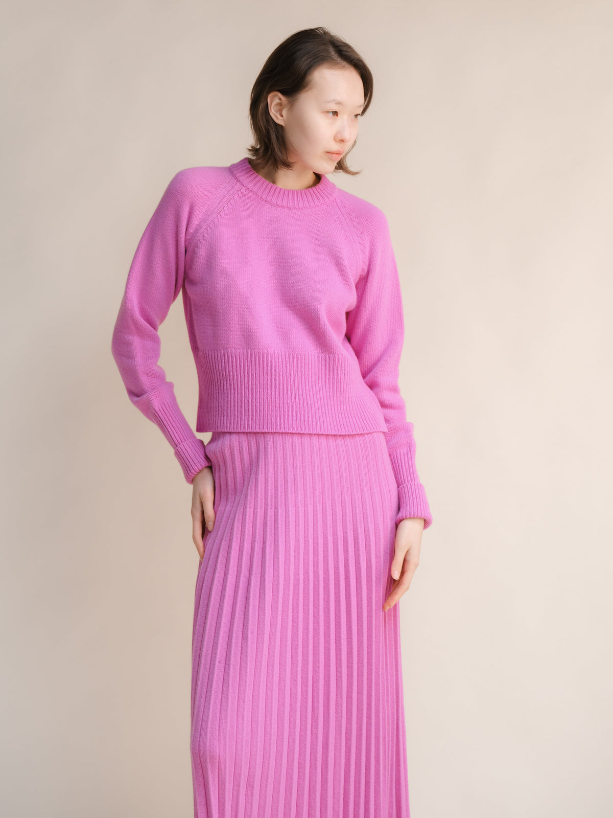 Cashmere Mix Roll-Up Cuff Crewneck