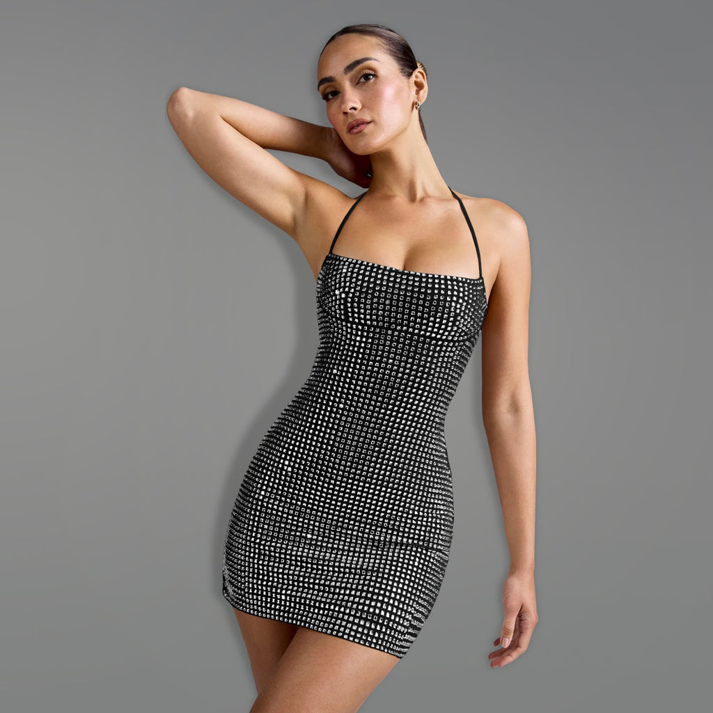 Women's Sexy Halter Neck Sequined Cap Sleeve Dress Short Skirt