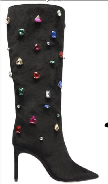 Black High Heel Crystal Decor Knee High Boots For Women Sexy Ladies Autumn Winter Flock Pointed Toe Boots Party Shoes Woman