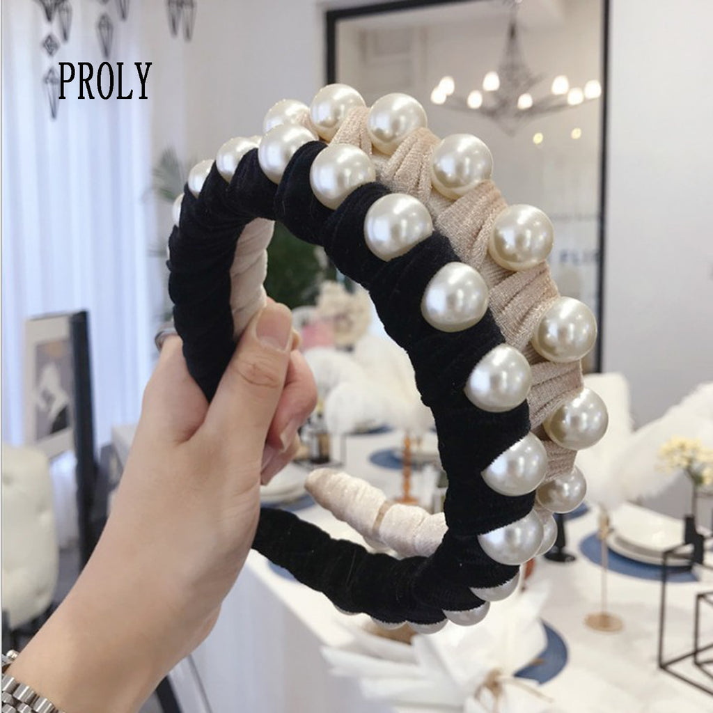 Large Pearl Hair Hoop Women's Beaded Wide Edge Hair Clip Fabric Wide Edge Head Band