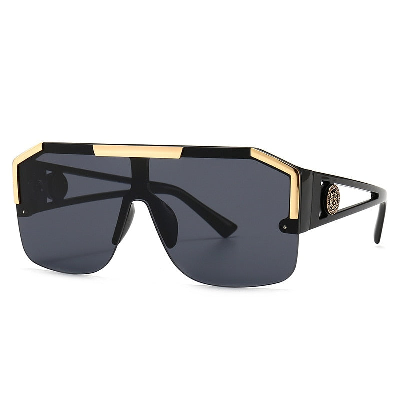 Oversized Square Sunglasses Men Women Vintage Metal Big Frame Semi-Rimless One Lens Sun Glasses UV400