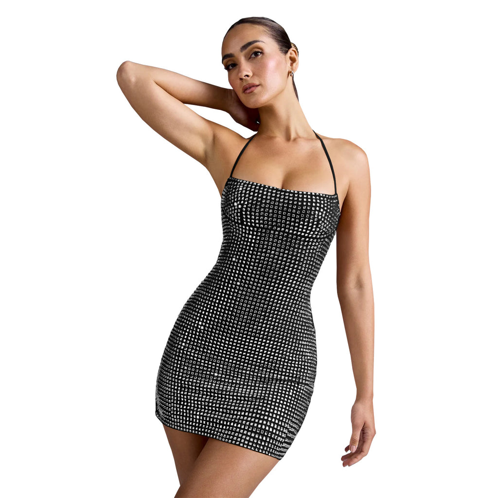 Women's Sexy Halter Neck Sequined Cap Sleeve Dress Short Skirt