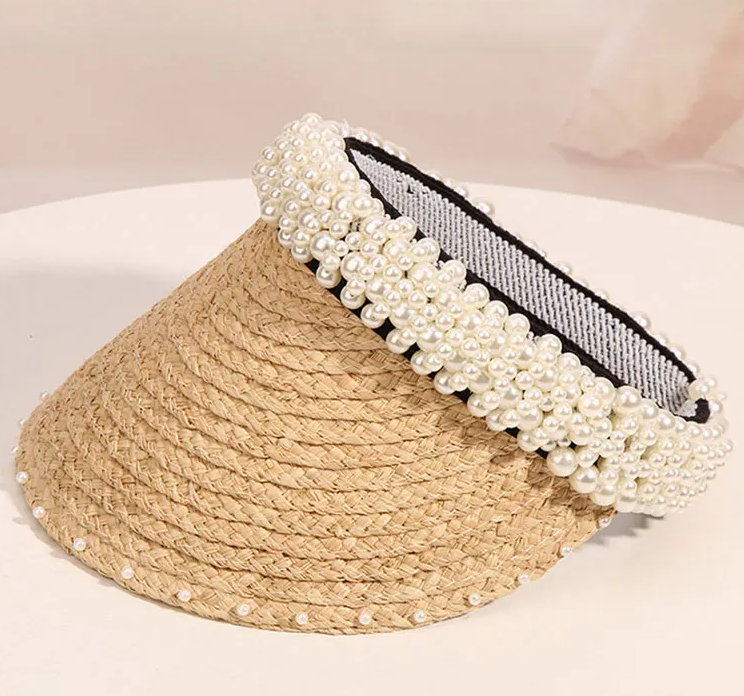 New Women Pearl Headband Hat Raffia Visor Caps For Girls Beach Hat Braided Fashion Cap Lady Summer Straw Sun Hats Wholesale