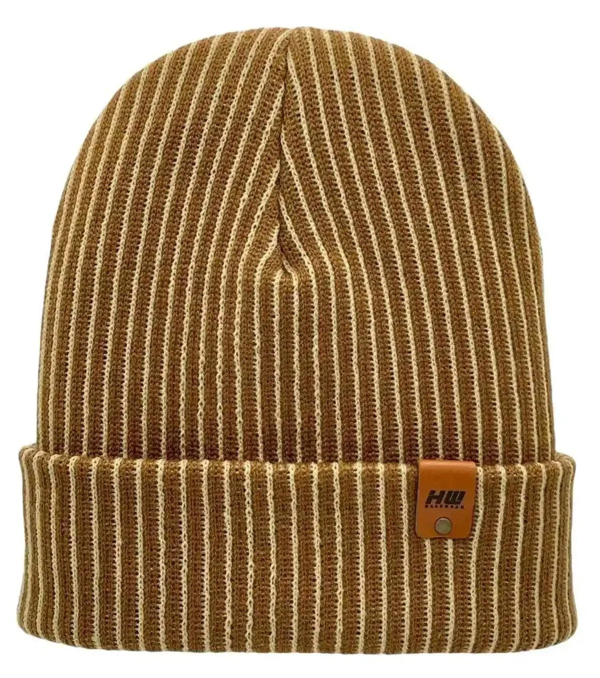 Cuffed Wide Ribbed Striped Beanie, Contrast, Beige and Brown, Classic Beanie