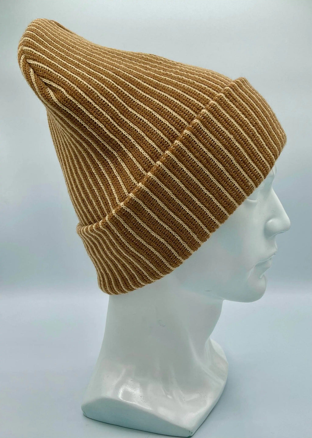 Cuffed Wide Ribbed Striped Beanie, Contrast, Beige and Brown, Classic Beanie