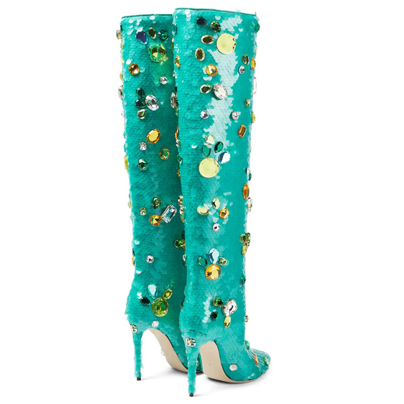 Gemstone Sequin Stiletto Knee-High Boots