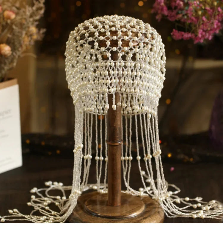 Handmade hollowed out headpiece performance pearl tassel hat