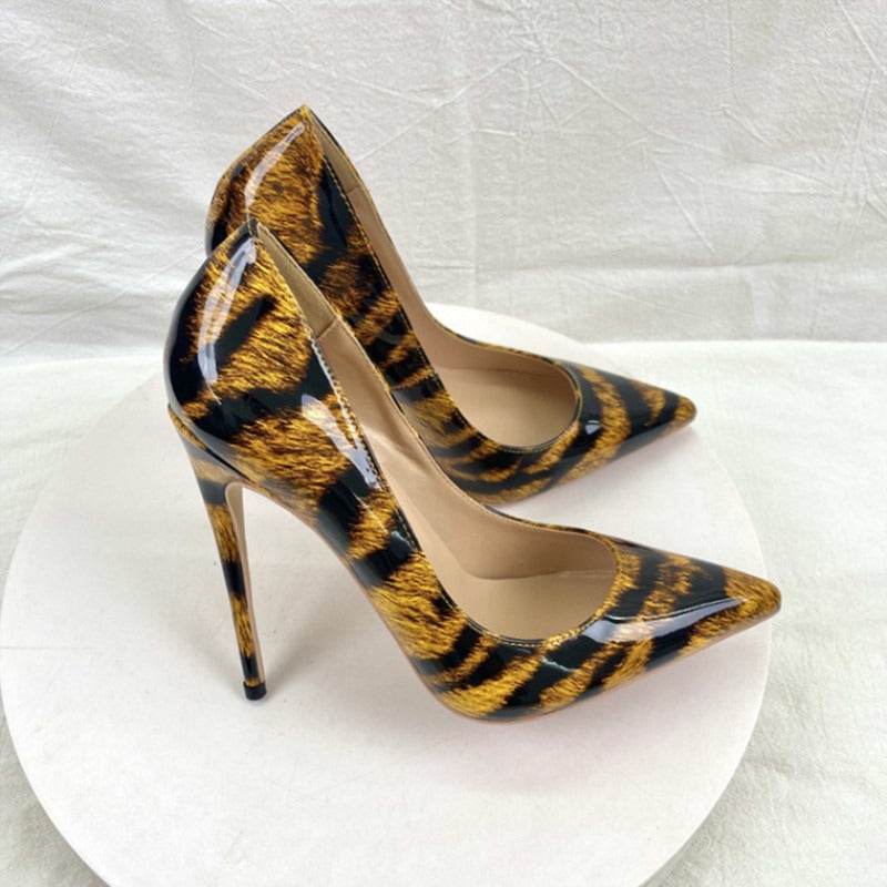 Leopard print patent leather high heels, pointed thin root fashionable women's shoes, single shoes