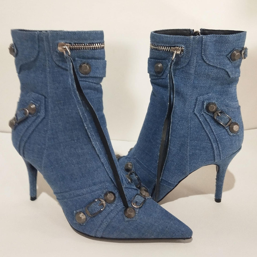 Metal Rivet Blue Denim Short Boots Silver Microfiber Leather Side Zipper Pin Buckle