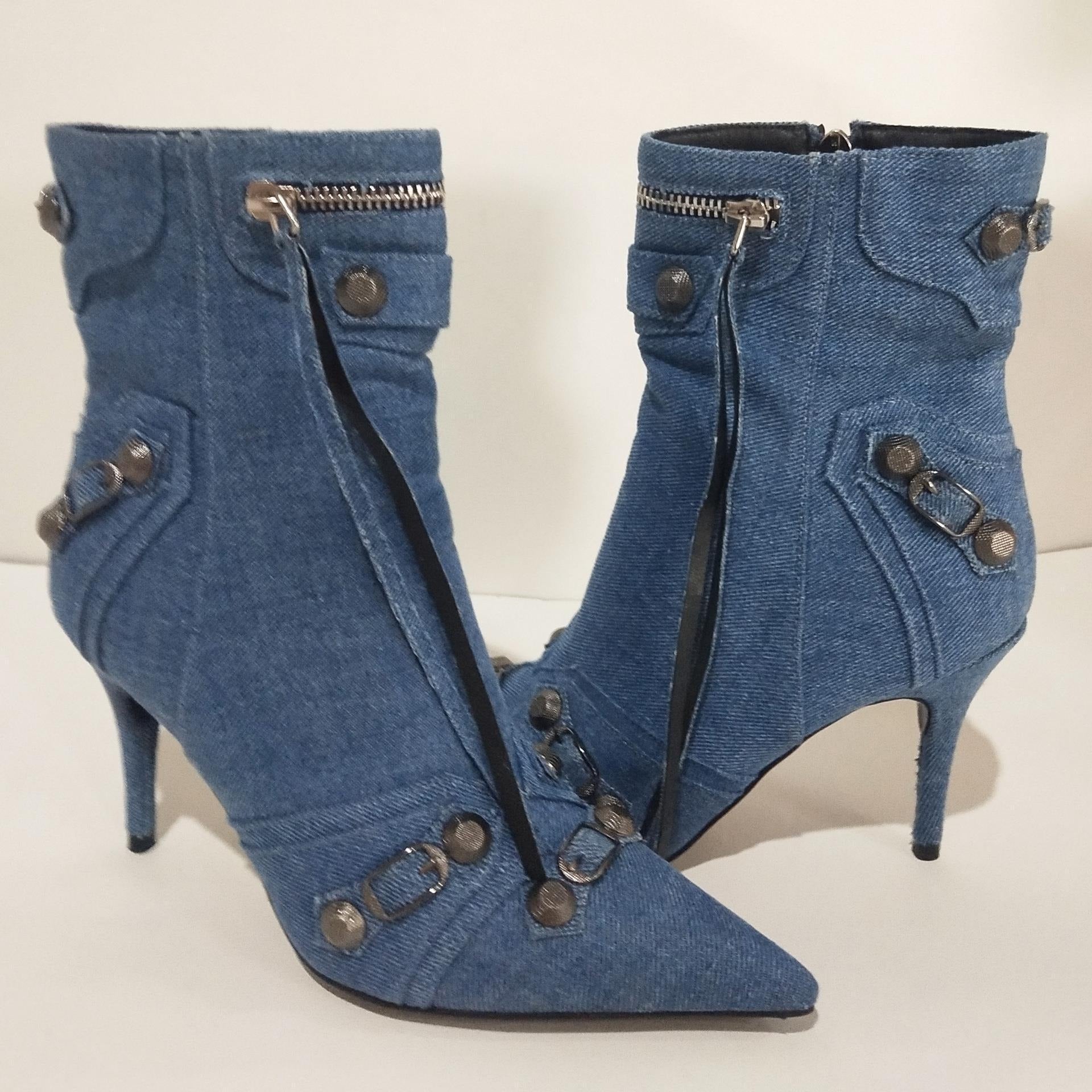 Metal Rivet Blue Denim Short Boots Silver Microfiber Leather Side Zipper Pin Buckle