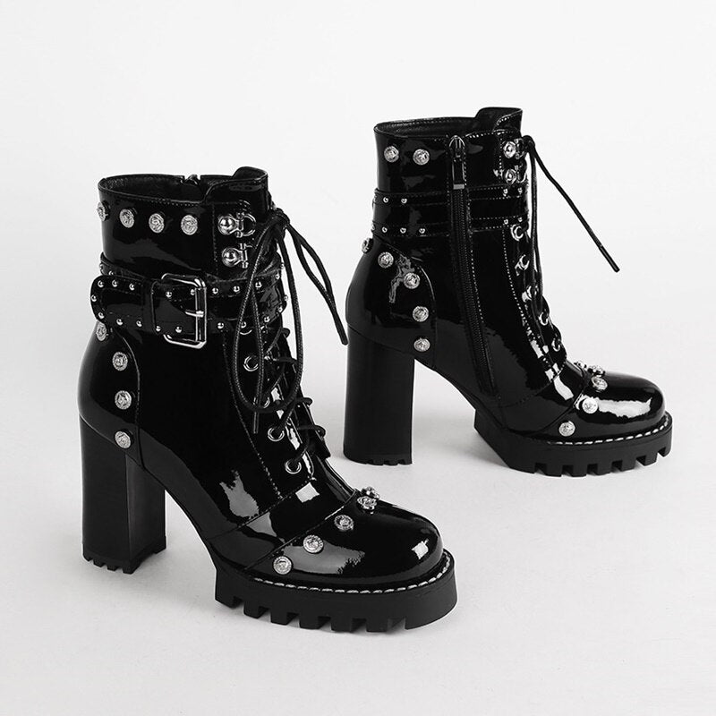 Genuine Leather Spring and Autumn Women's Shoes Round Head Thick Heel High Heel Frosted Lace up High Heel Large Shoes