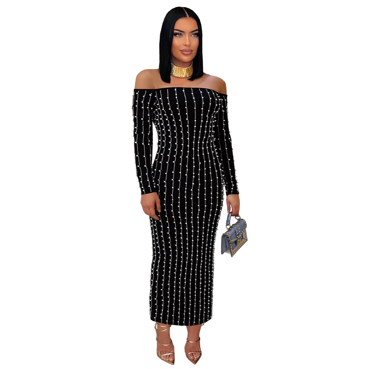 Elegant Long Sleeve Off-the-Shoulder Sequined Cap-Sleeve Dress