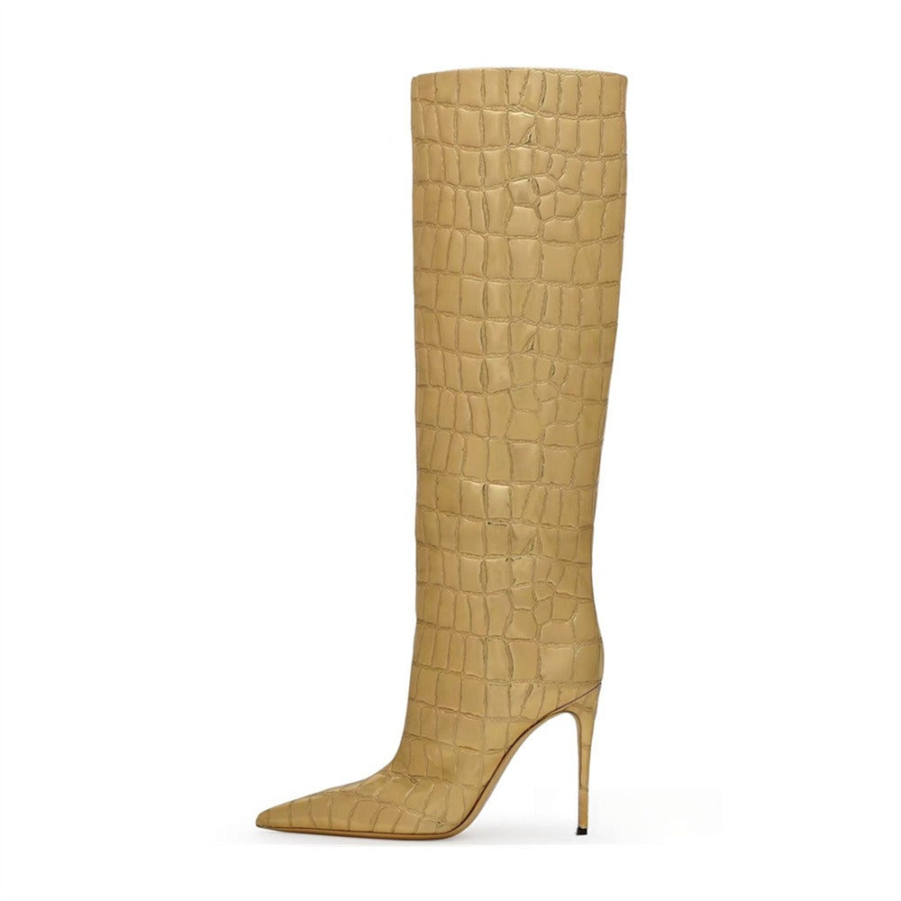 Classic Minimalist Style Design Knee Boots Pointed Toe Slip-on Stiletto Heel High Heels