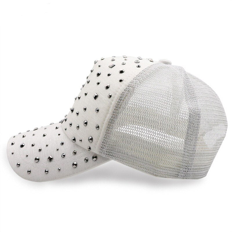 Unisex Streetwear Bone Cotton Rhinestone Breathable Mesh Sun Hat Summer Women Snapback Adjustable Rivet Ponytail Baseball Cap 83