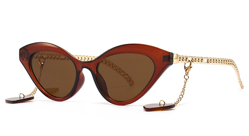 Sunglasses women cat eye gold brown vintage ladies sun glasses uv400 chain decoration female birthday gifts