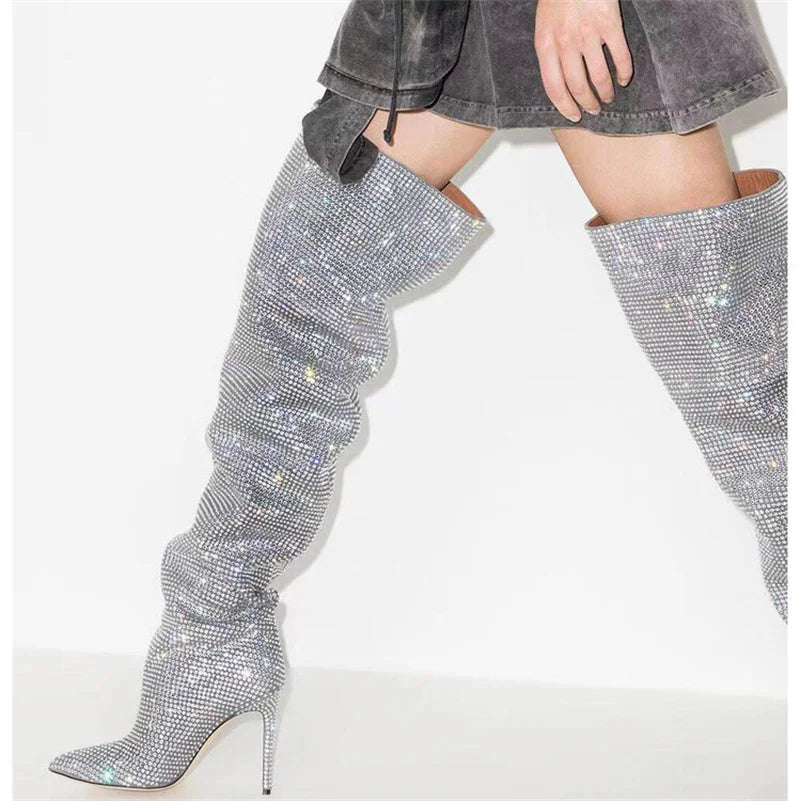 High Quality Crystal Women's Thigh High Boots Runway Stiletto Luxury Designer Shoes Rhinestone Pleated Boots Female Women Shoes