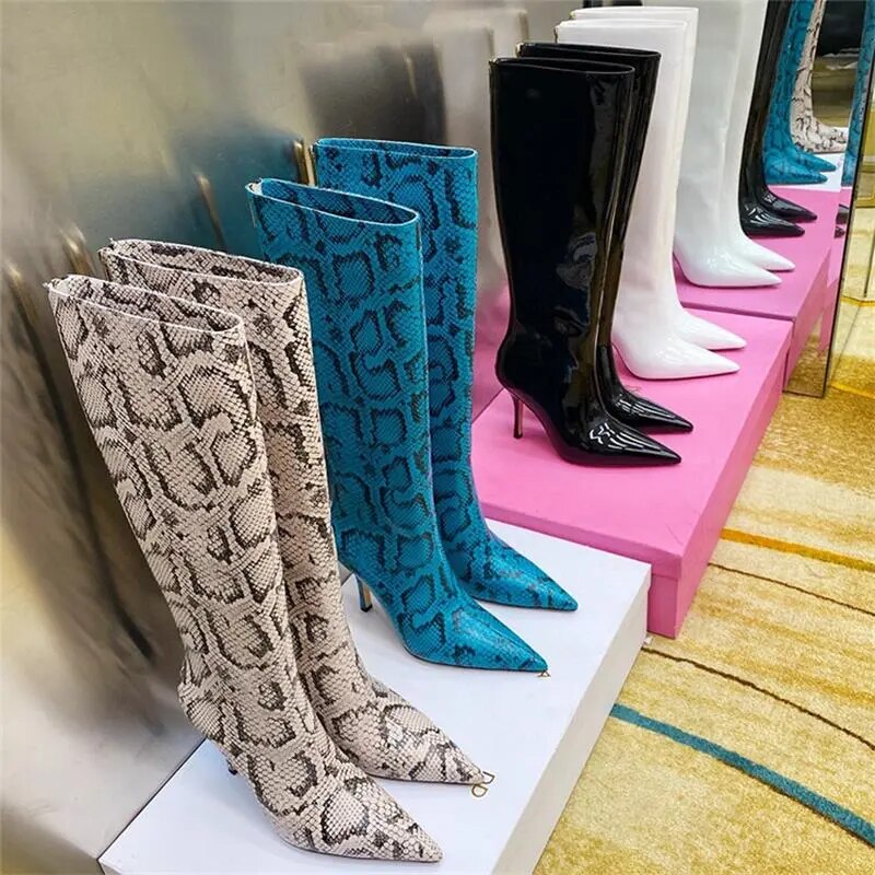 Women's new pointy patent leather super high thin heel thigh high boots snake sexy boots