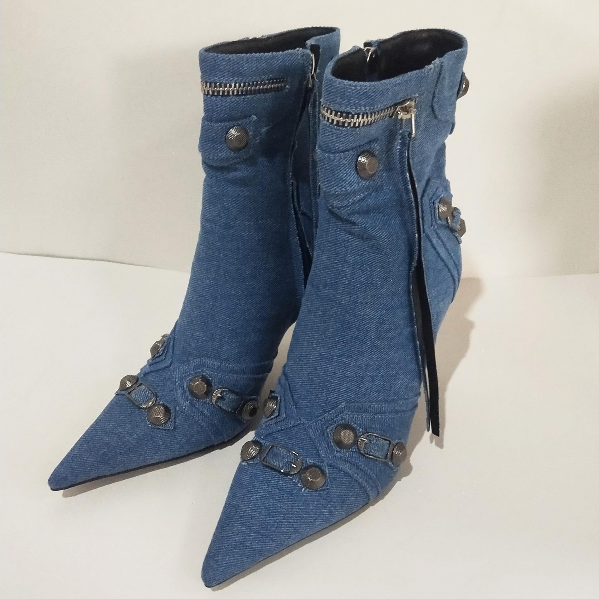 Metal Rivet Blue Denim Short Boots Silver Microfiber Leather Side Zipper Pin Buckle