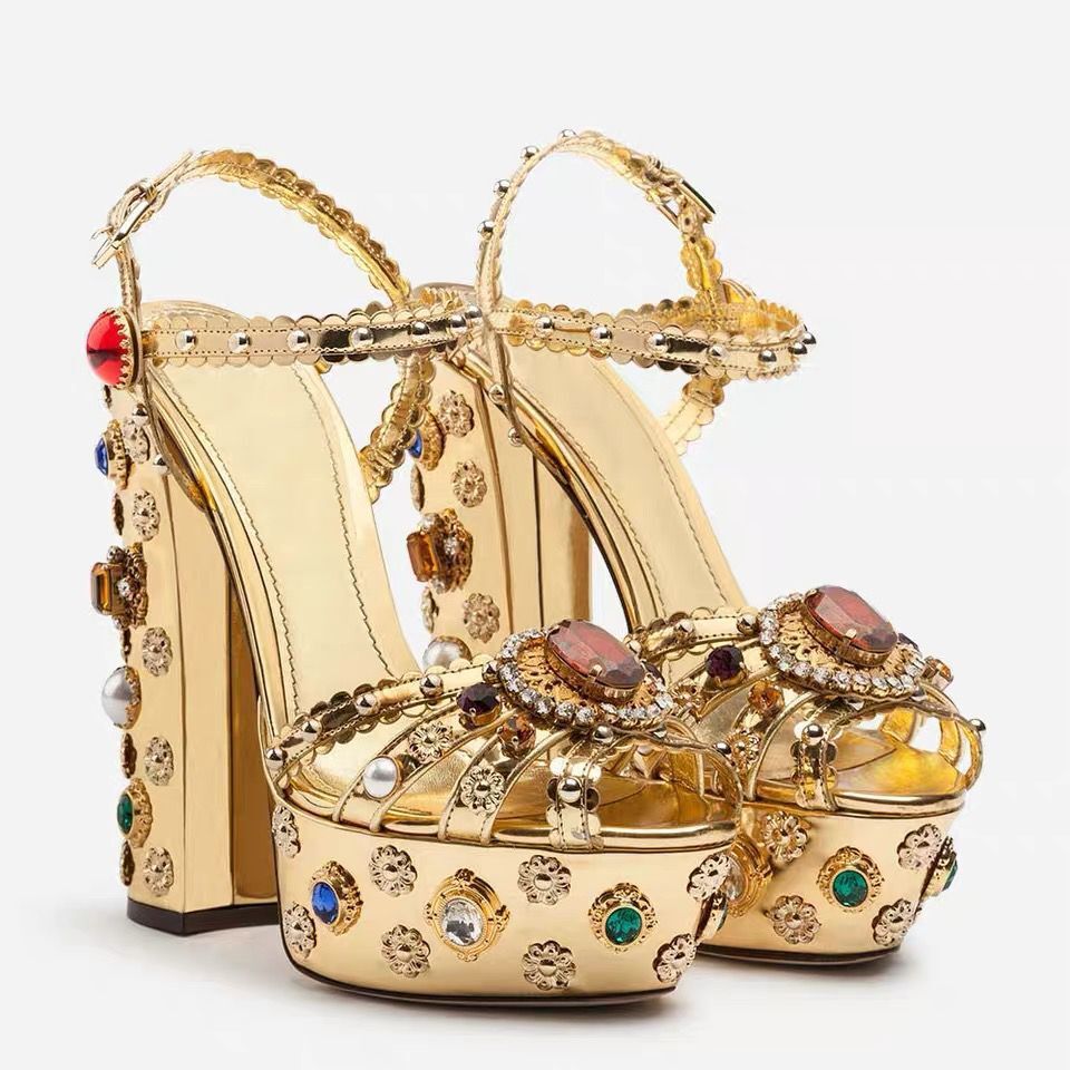 Gold Sandals Crystal Pearl Decor Platform Heels Chunky Heel Women Summer Shoes Luxury Colorful Open Toe Lady Elegant Sandals