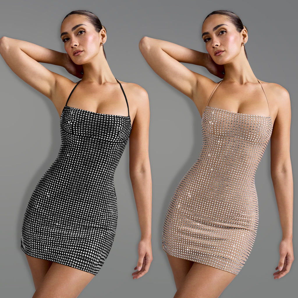 Women's Sexy Halter Neck Sequined Cap Sleeve Dress Short Skirt