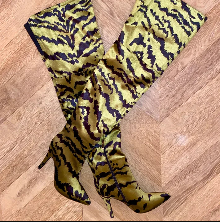 Tiger Print Sexy Thigh High Boots Pointed Toe Stiletto Heels Side Zip Over The Knee Booties Loose All Seasons Casual Women Sexy