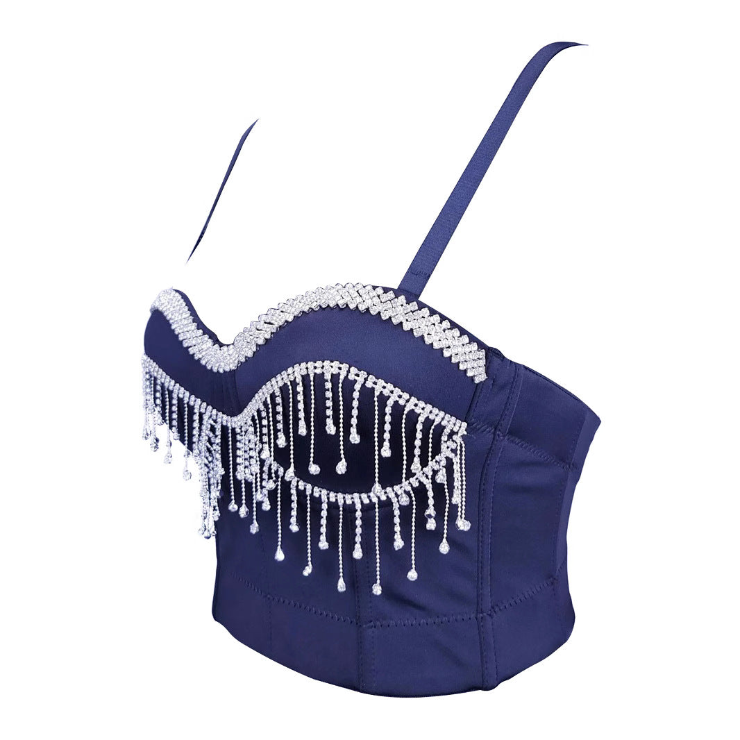 Sexy Spaghetti Strap Corset with Rhinestones and Tassels