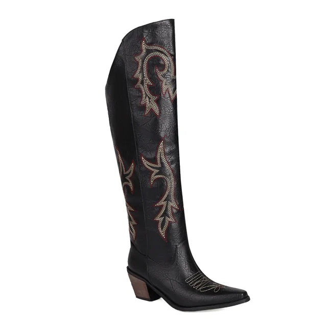 Western Cowboy Boots For Women High Heels Over the Knee Boots Ladies Pointed Toe Chunky Heel Cowgirl Boots