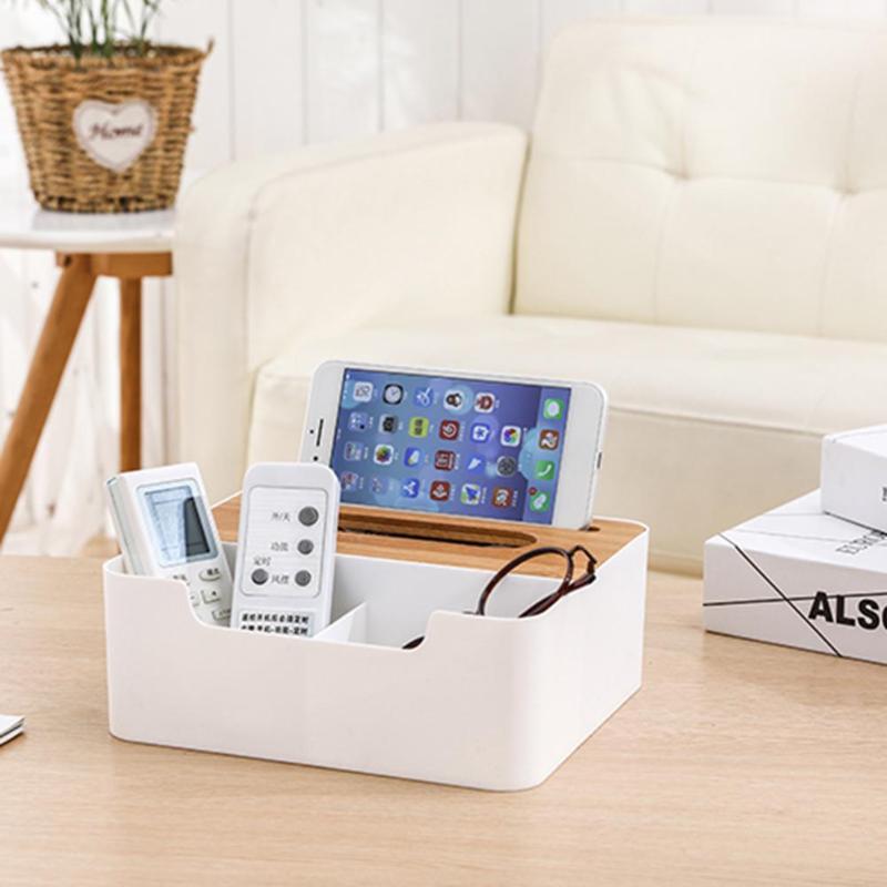 Multi-functional Plastic Tissue Box with Bamboo Wooden Cover Phone Slot Home Kitchen Napkin Case Holder Storage Decoration