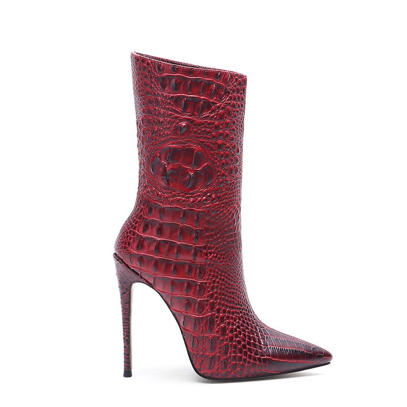 Crocodile High Heel Short Boots Large 34-45 Pointed Thin Heels and Ankle Boots Show Winter  Autumn Mid Tube Boots Women Shoes