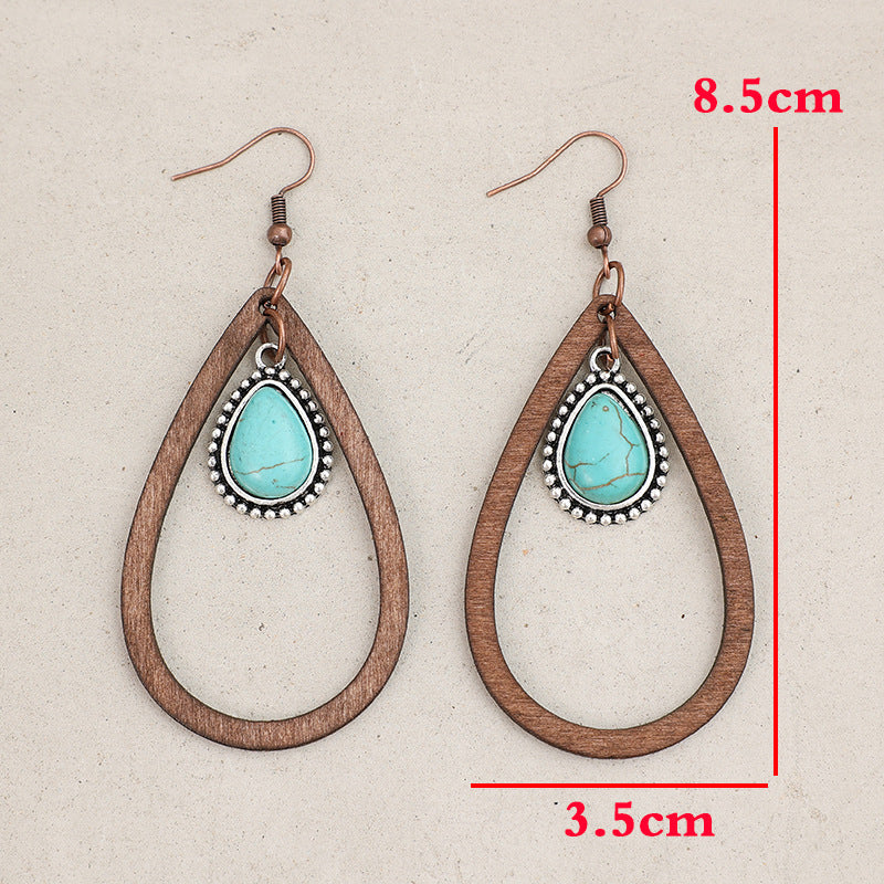 Wooden Turquoise Cutout Teardrop Earrings