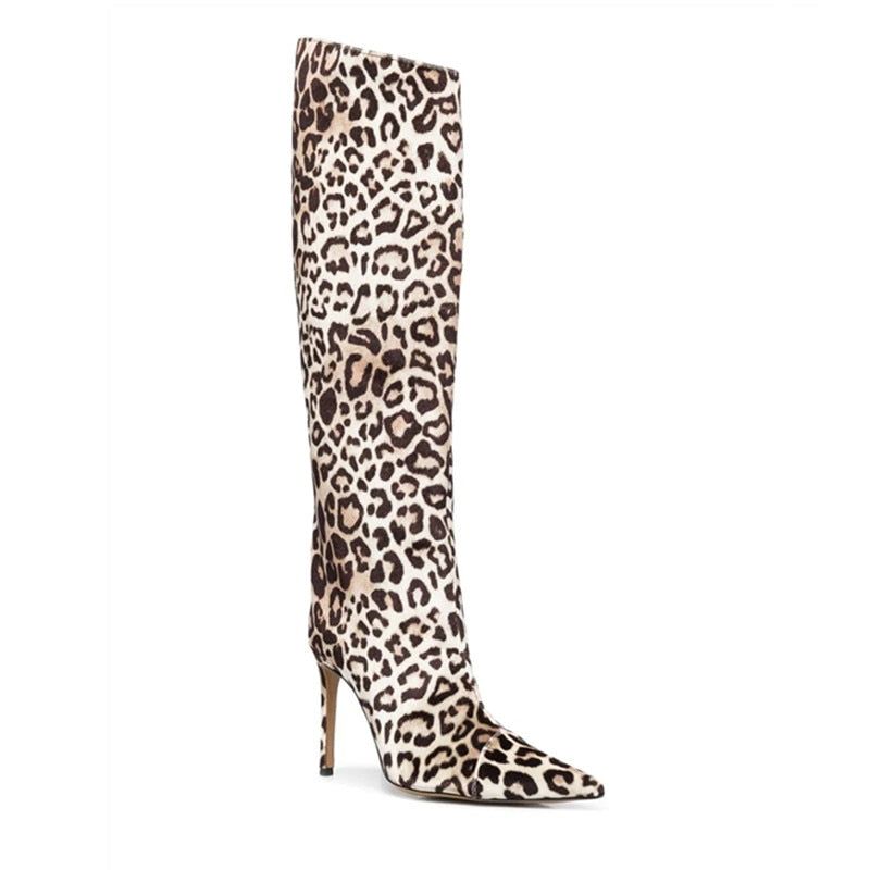 Women's New Stone Print Boots Sexy Runway Stiletto Pointed Toe High Boots 10cm High Heel Side Zipper Boots