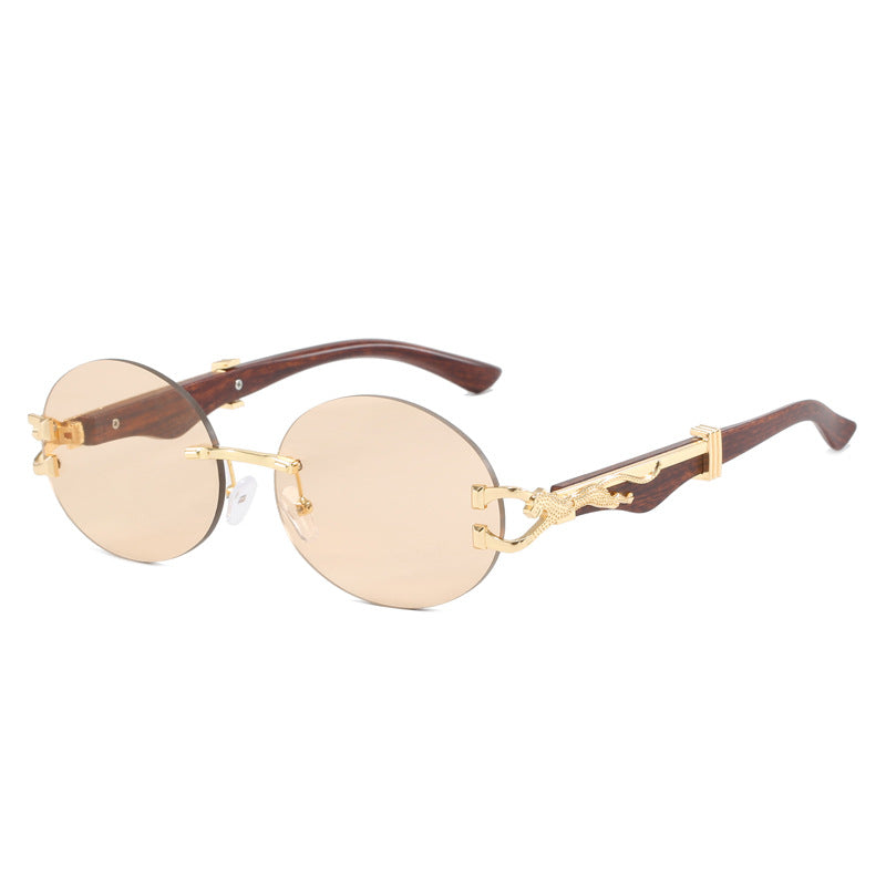 Leopard round frameless cut edge wooden leg sunglasses new sunglasses ins sunglasses for women